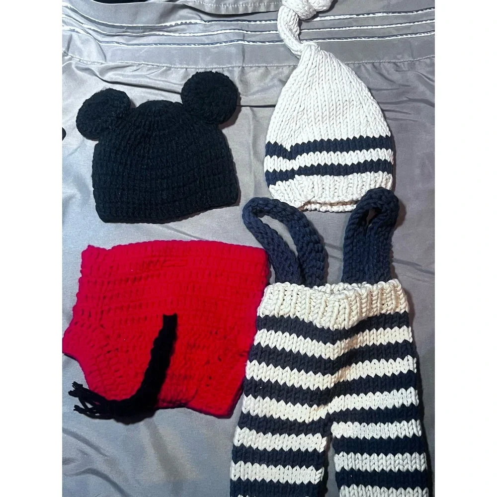 2 Knit Outfit Newborn Crochet Pants Hat Photo‎ Props Shoot Baby Boy Mickey Lot